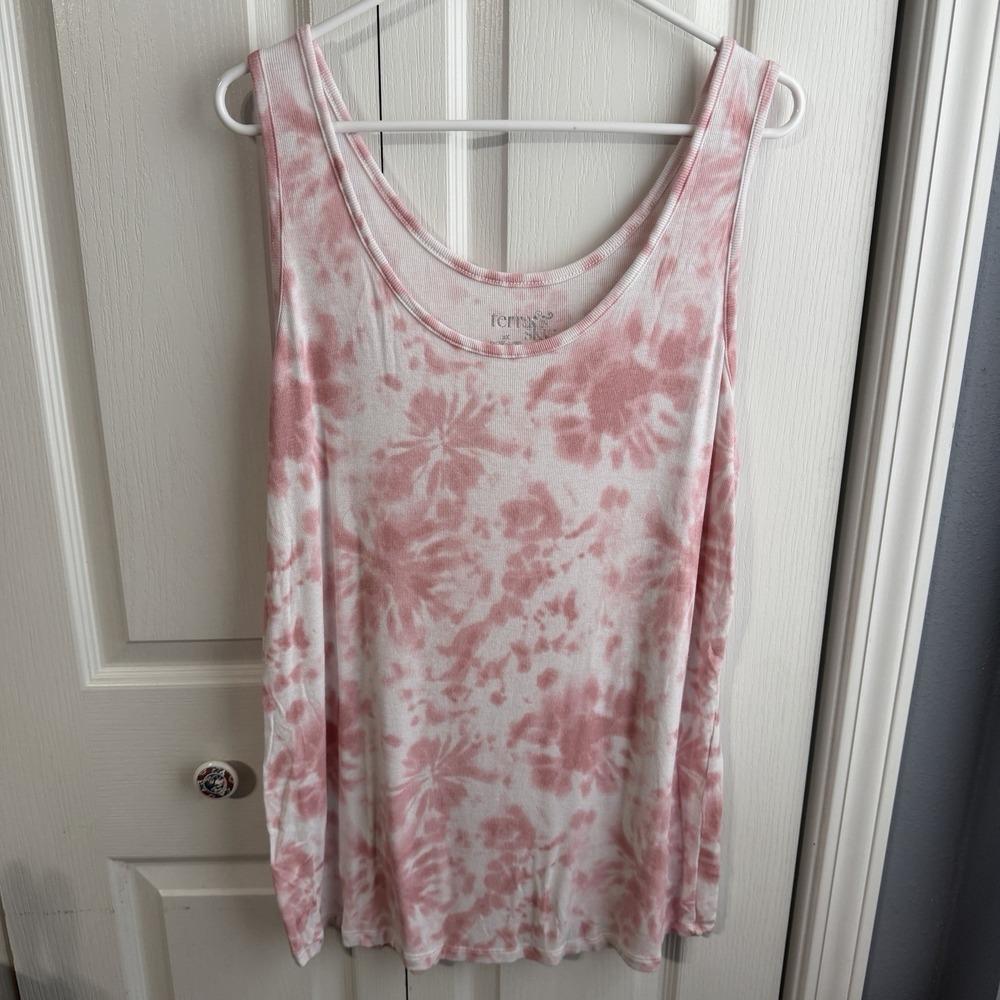 Terra & Sky Pink White Tie Dye Ribbed Tank Top Women's Size 2X Travel Stretch